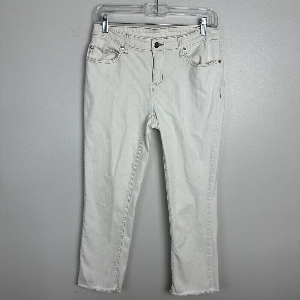 Eileen Fisher Jeans Womens 4 Off-White Cream Stretch Frayed Raw Hem Ankle